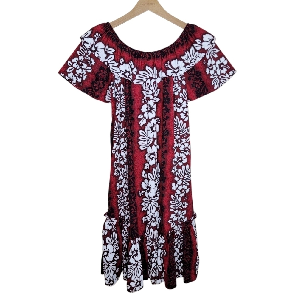 Vintage Royal Creations Red Hawaiian Floral Off Shoulder Midi Dress Size Medium